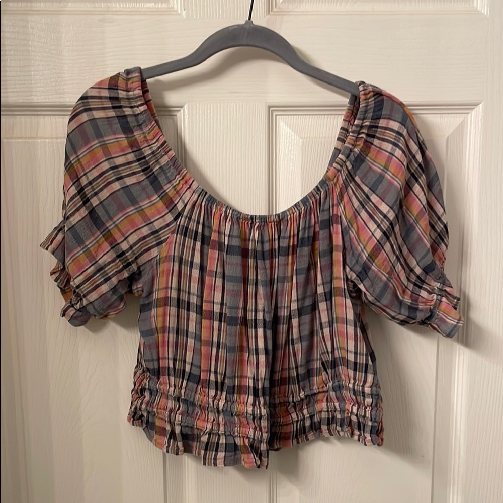 Colorful Plaid Puff Sleeve Crop Top